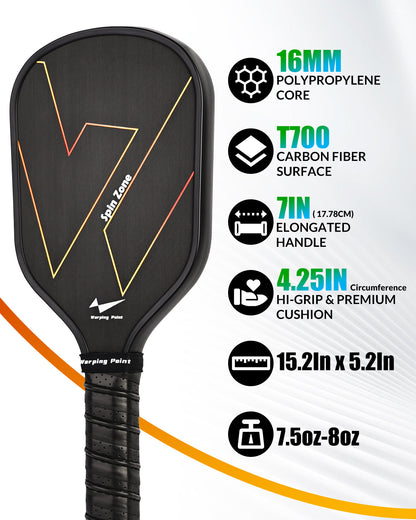 Pickleball Training Paddle 16mm - Carbon Fiber Surface & Cushioned Grip for Spin & Control