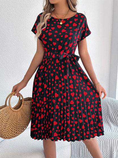 Heart Print Short Sleeve Tie Waist Dress