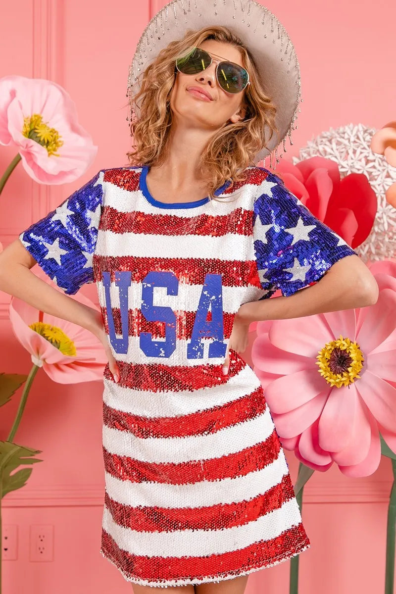 BiBi American Flag Theme Usa Print Sequin Dress
