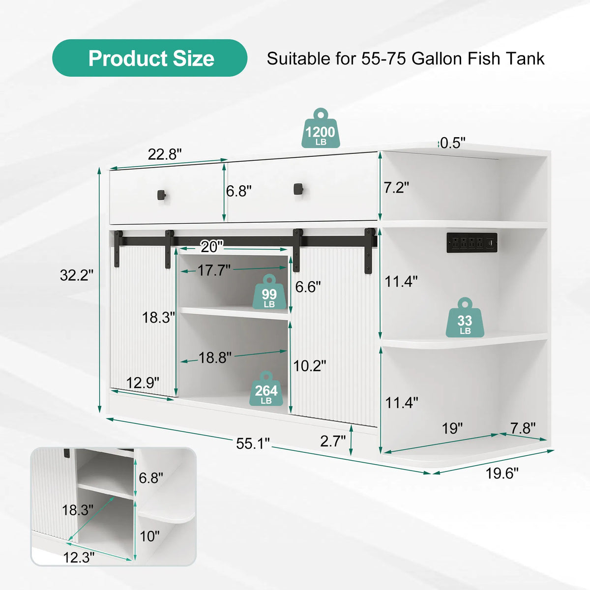 55–75 Gallon Multi-Tier Aquarium & Terrarium Stand with Built-In Power Hub & LED Lighting (55" W)