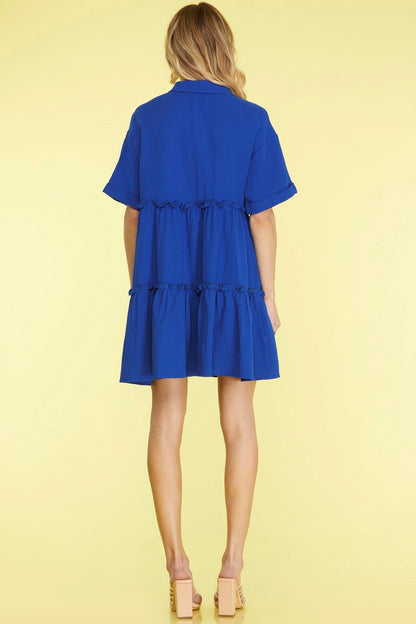She Sky Full Size Button Front Frill Tiered Mini Dress Plus Size