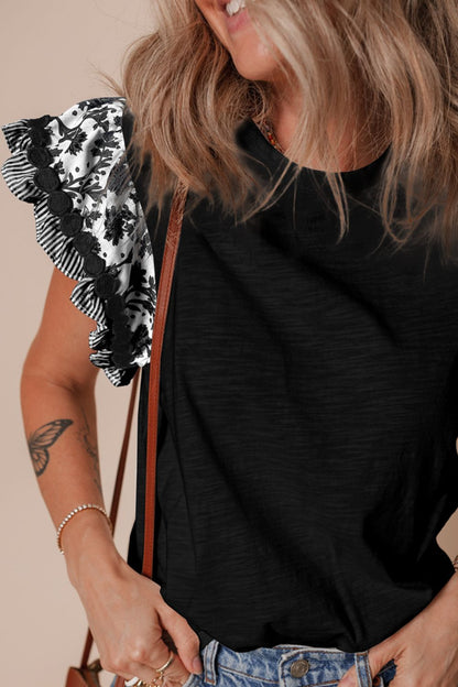 Round Neck Printed Ruffled Cap Sleeve Blouse