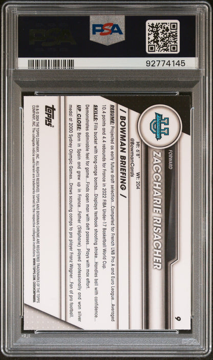 Graded 2023 Topps Bowman U Sapphire Zaccharie Risacher #9 Rookie RC Basketball Card PSA 10 Gem Mint