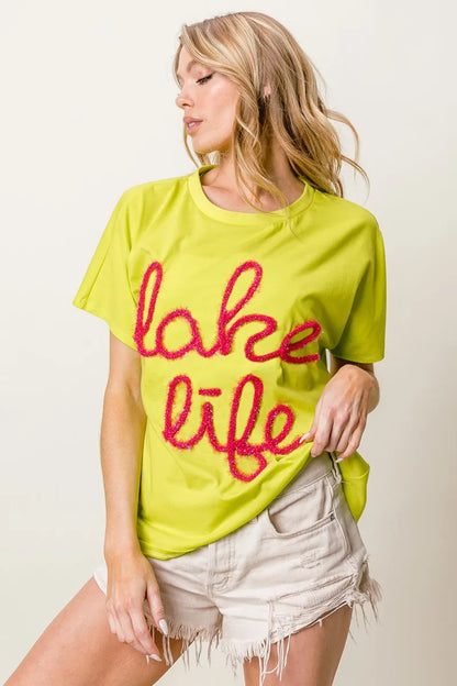 BiBi Metallic Letter Short Dolman Sleeve Top