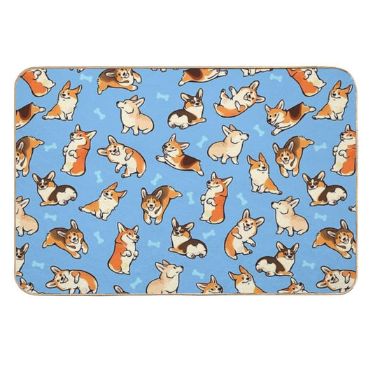 Jolly Corgis in Blue  Rapid-Drying Bath Mat