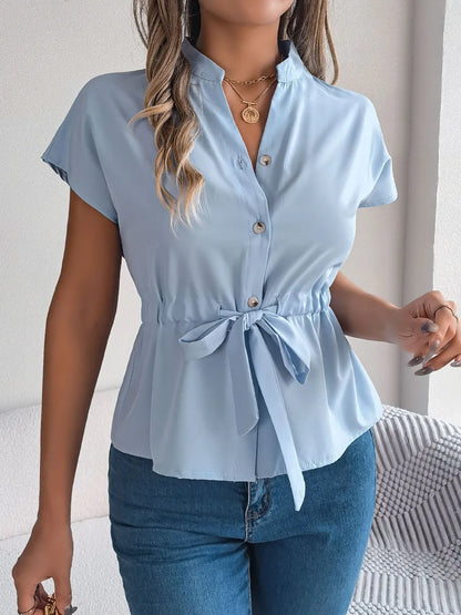 Notched Short Sleeve Blouse