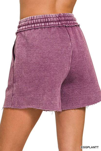 Zenana Acid Wash Fleece Drawstring Shorts With Pockets