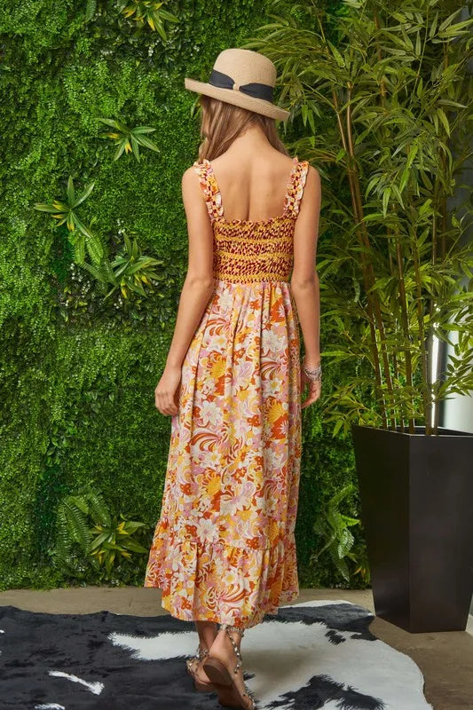 Davi & Dani Multi Smocked Bodice Geo Ruffle Strappy Midi Dress