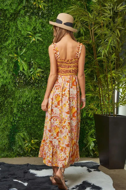 Davi & Dani Multi Smocked Bodice Geo Ruffle Strappy Midi Dress