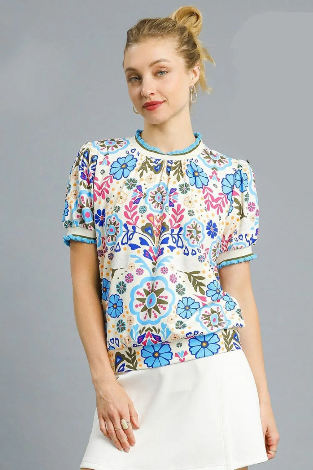 Umgee Retro Floral Puff Sleeve Top