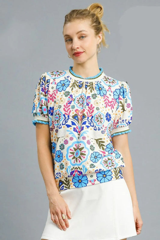 Umgee Retro Floral Puff Sleeve Top