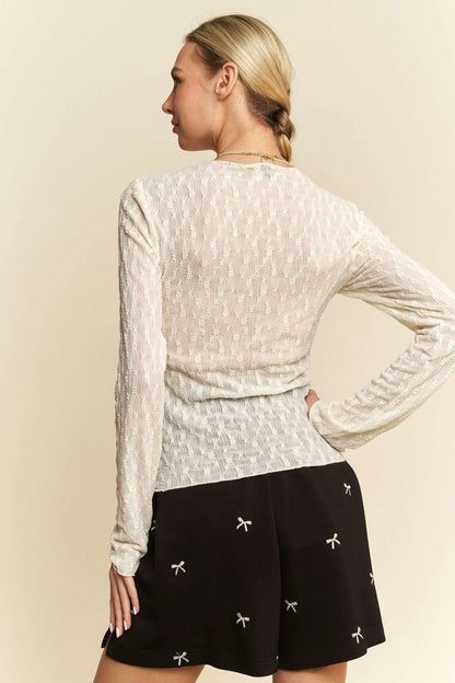 Davi & Dani Long Sleeve Sheer Small Embroidered Bows Lace Top