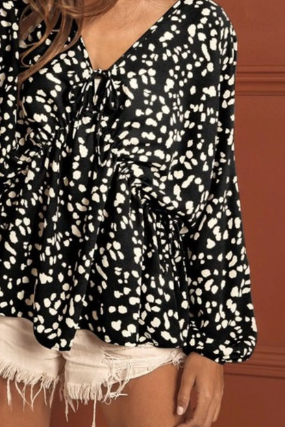 BiBi Leopard Woven Tied Spaghetti V Neck Lslv Top