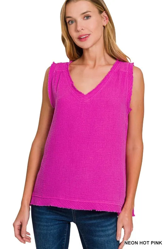 Zenana Double Gauze Raw Edge V-Neck Tank