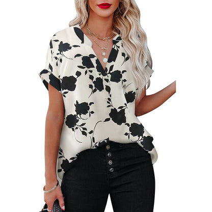 Women's Floral V-Neck Blouse - Lightweight Polyester Summer Top