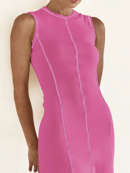Contrast Stitching Round Neck Sleeveless Midi Dress