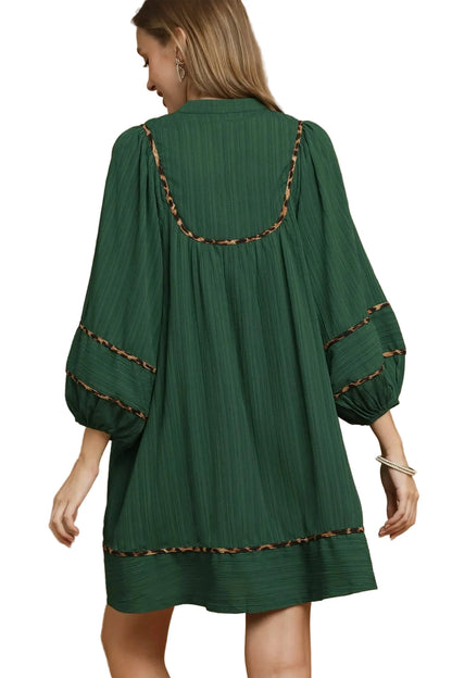 Textured Babydoll Dress with Leopard Trim