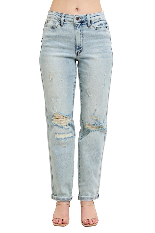 Full Size Mr. Repair Stitch Detail Destroy Single Cuff Bf Jeans Plus Size