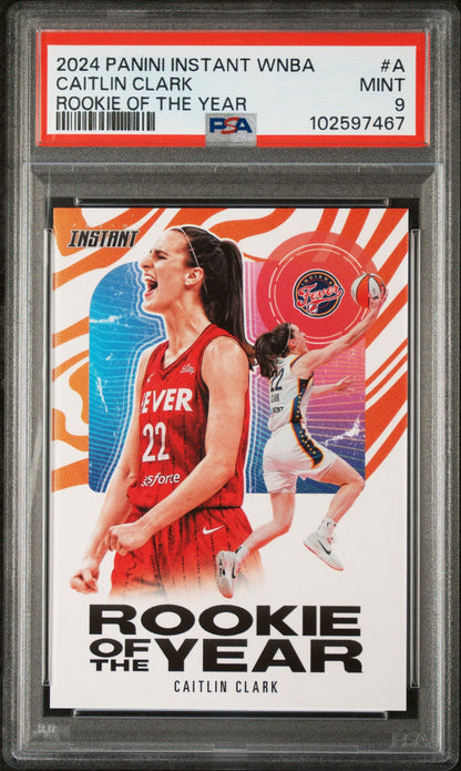 Graded 2024 Panini Instant WNBA Caitlin Clark #A Rookie of the Year Rookie RC Basketball Card PSA 9 Mint