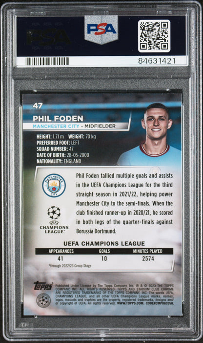 Graded 2022 Topps Stadium Chrome UCC Phil Foden #47 Blue Prism Soccer Card PSA 10 Gem Mint