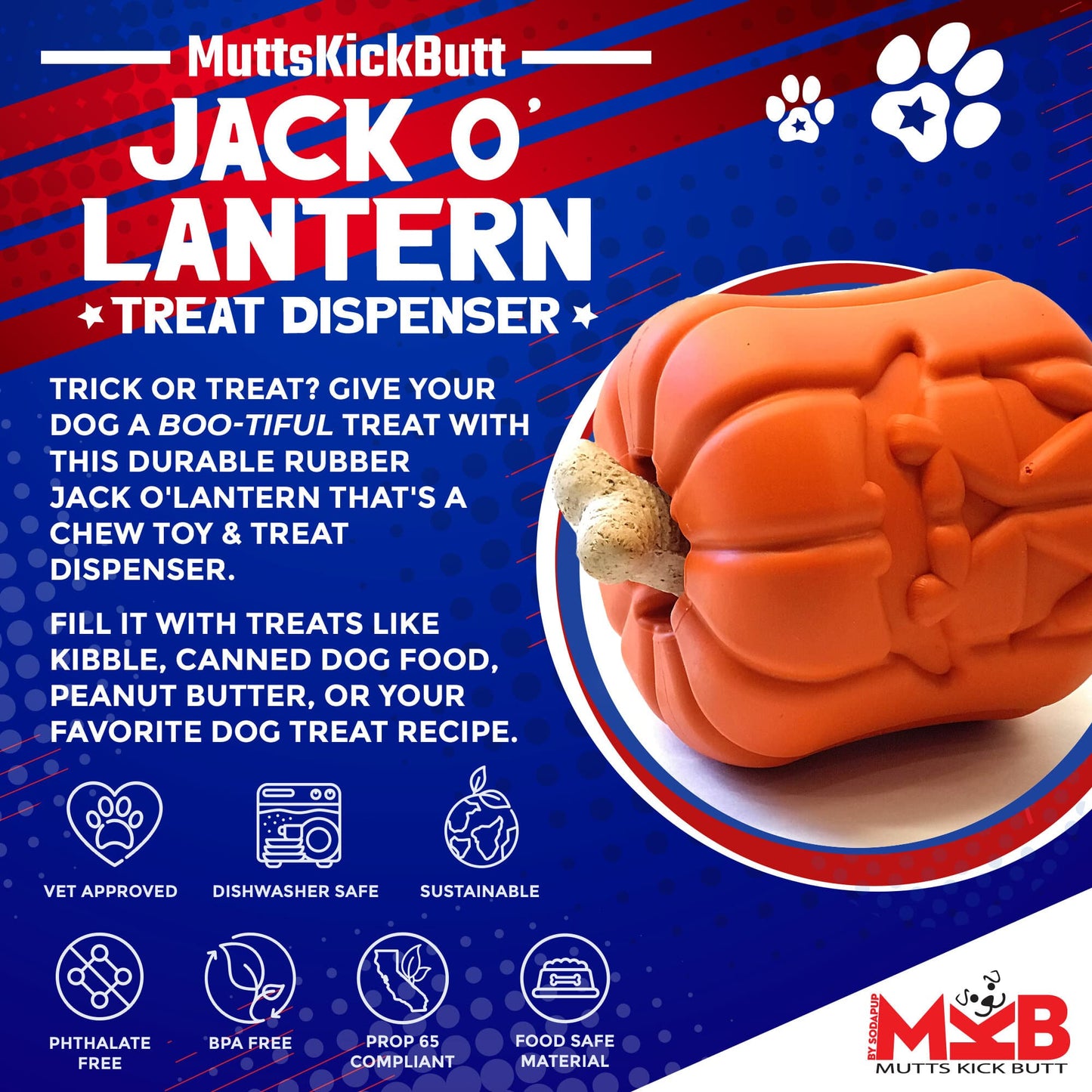 Jack O' Lantern eDispener Durable Rubber Chew Toy & Treat Dispenser