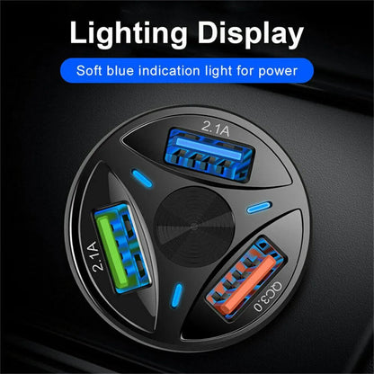 3 Port Fast LED White Car Charger + 3 in 1 Cable Combo Blue