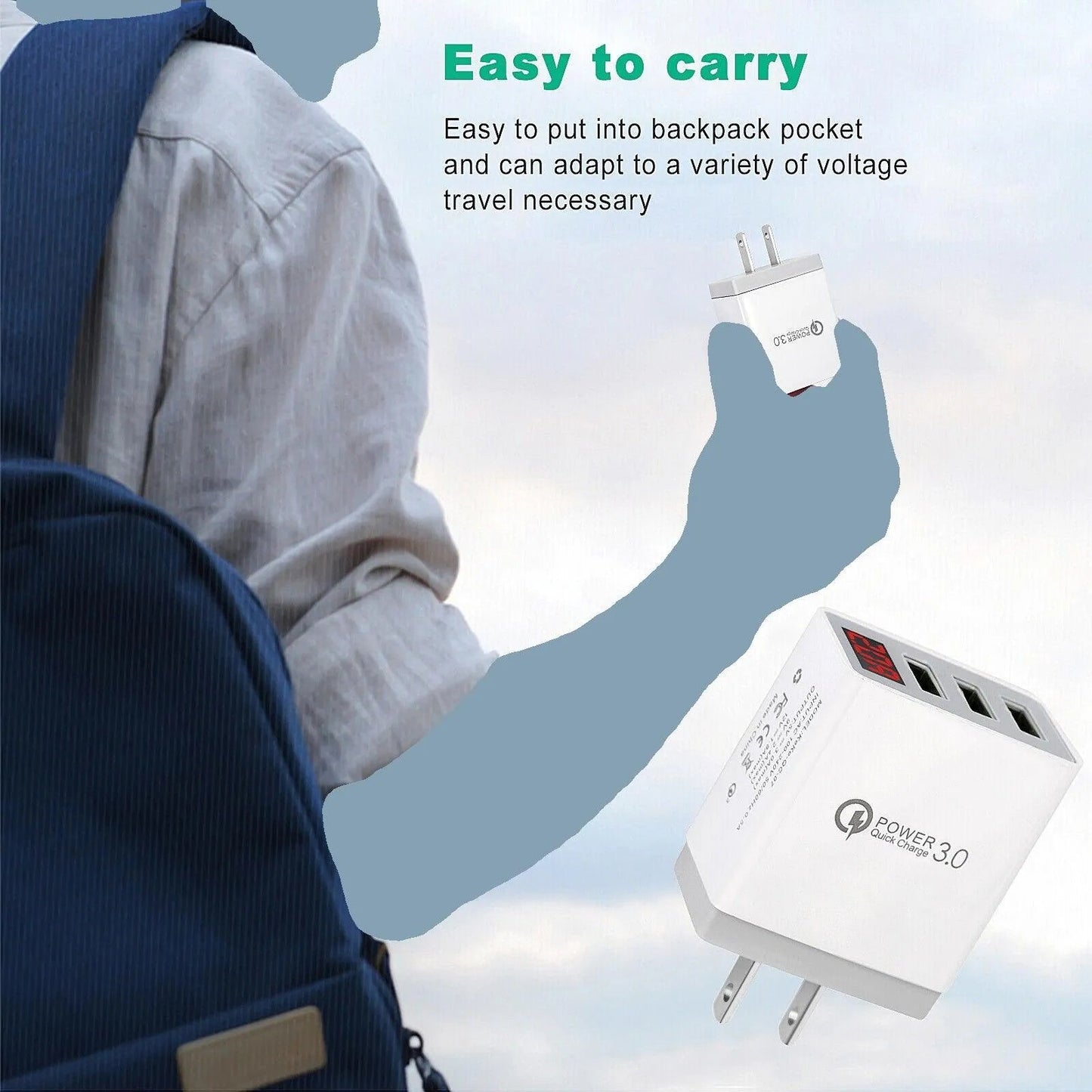 3 Port LED Fast Quick Charge QC 3.0 USB Hub Display Wall Charger Adapter US Plug