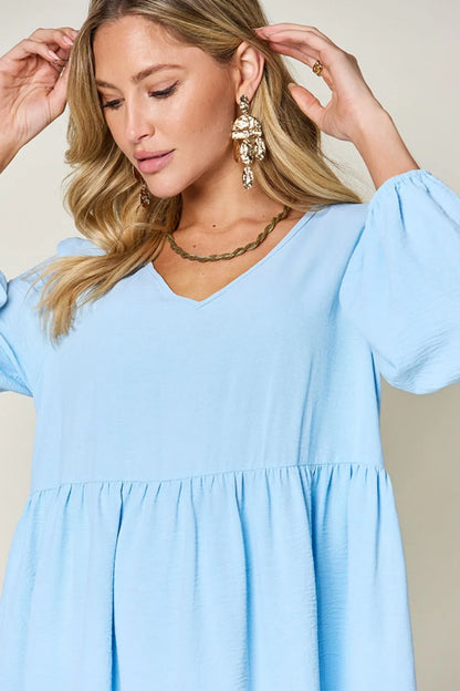 Full-Size V-Neck Balloon Sleeve Tiered Dress with Pockets