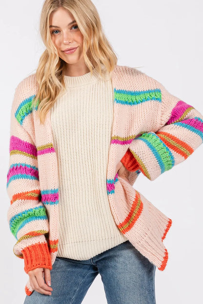 SAGE FIG Rainbow Striped Open Front Knit Cardigan