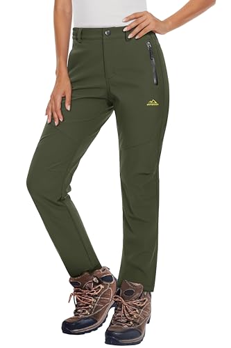 MAGCOMSEN Women's Fleece Lined Waterproof Insulated Softshell Pants Outdoor Snow Ski Pants Winter Warm Hiking Pants Army Green XS