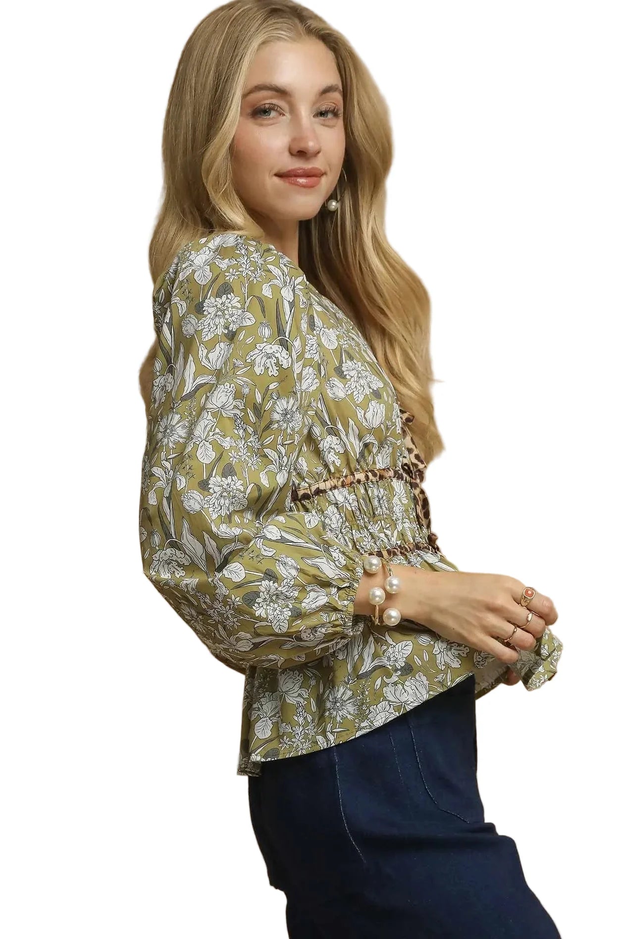 Floral Smocked Peplum Blouse with Tie Detail