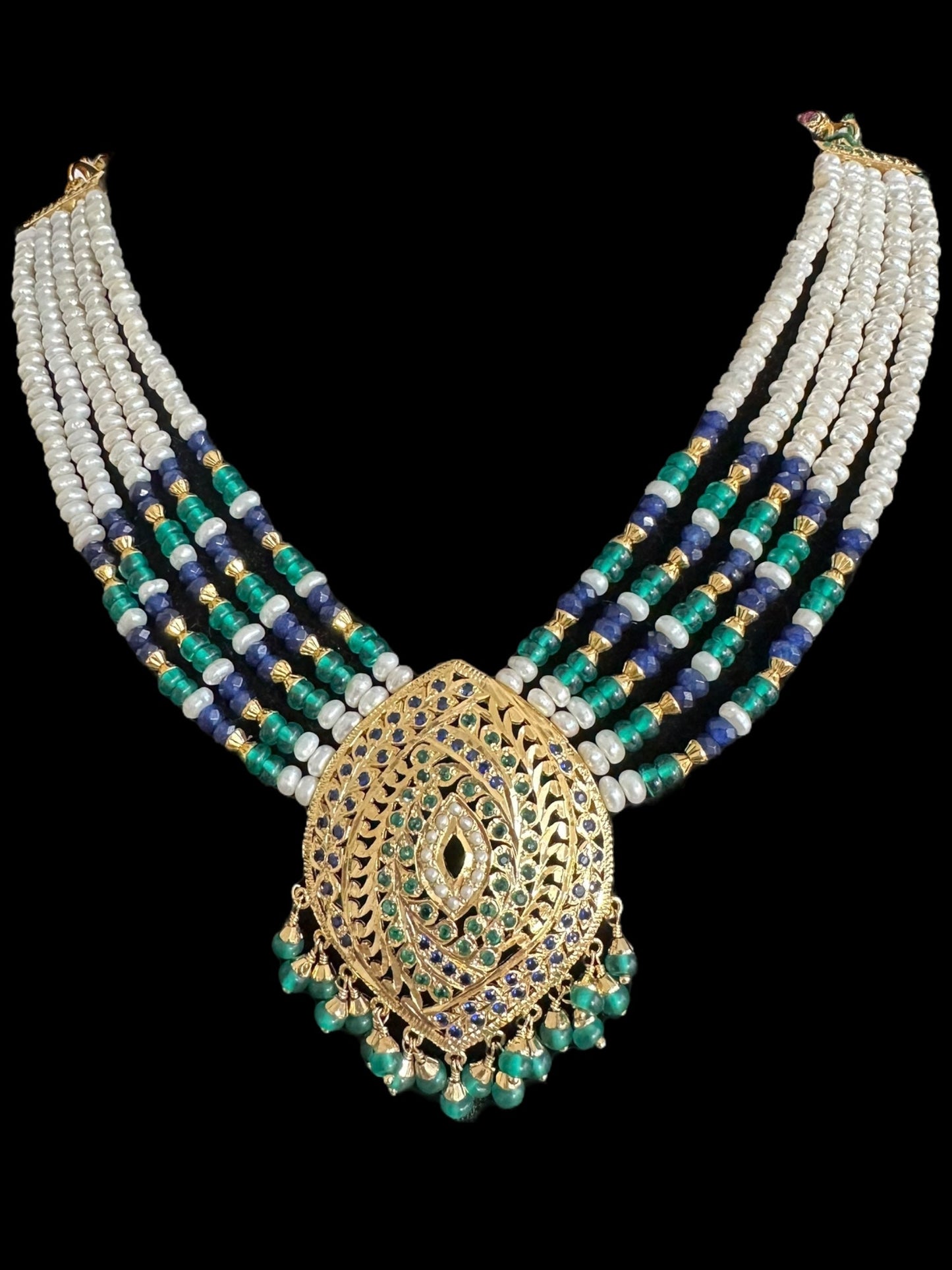 Emerlad sapphire pearl jadau silver necklace set with gold plating ( READY TO SHIP )