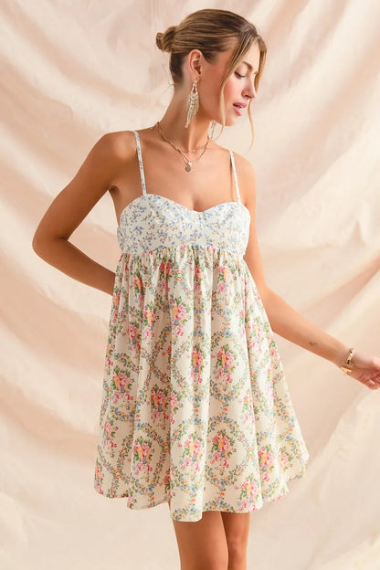 Mixed Floral Print Sleeveless Mini Dress