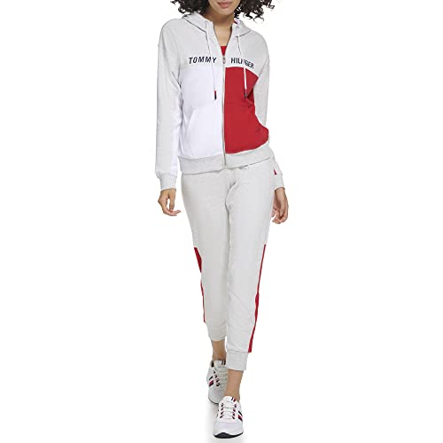 Tommy Hilfiger Women's Soft & Comfortable Fleece Colorblocked Full Zip Hoodie, White Stone Heather, Large