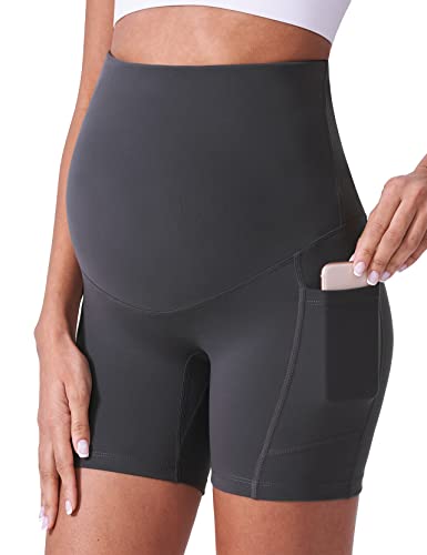 POSHDIVAH Maternity Shorts for Women Over Belly Biker Workout Yoga Active Summer Pregnancy Running Short Leggings Grey 5" Small