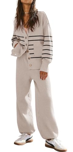 ETCYY NEW Women's 2 Piece Outfit Lounge Set Trendy Cardigan Sweater Pants Sets V Neck Button Pocket Knit Matching Loungewear (Striped Beige, M)