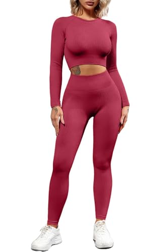 Women's Yoga Leggings 2 Piece Outfit Ribbed Seamless Long Sleeve Crop Top Sport Shirt Sets Wine M