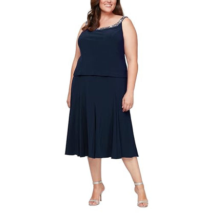 Alex Evenings Women's 2 Piece Tea Length Jacket Dress with Sequin Beaded Trim, Navy, 14