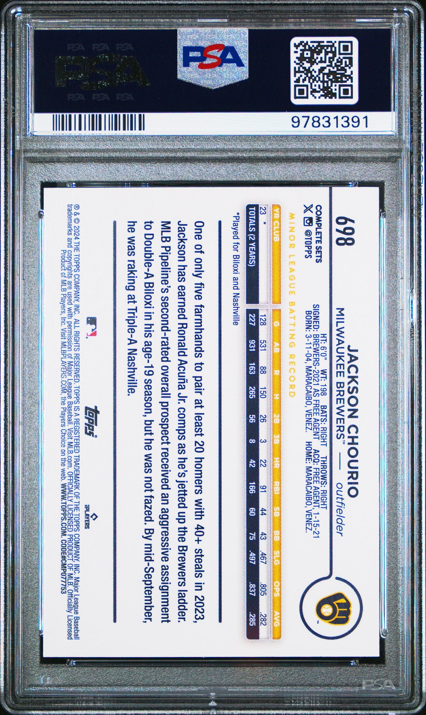 Graded 2024 Topps Jackson Chourio #698 ASG Exclusive Rookie RC Baseball Card PSA 10 Gem Mint