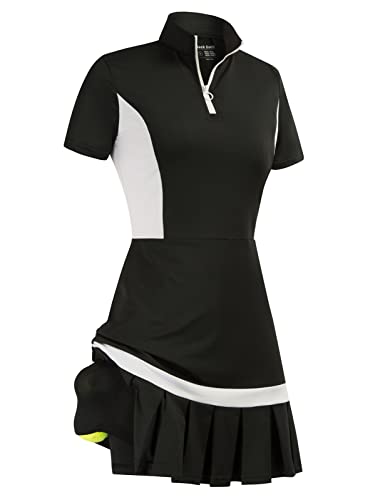 JACK SMITH Women's Exercise Workout Dress with Shorts Quick Dry Athletic Dress for Golf Tennis Colorblock Sportswear Black L