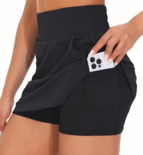 THE GYM PEOPLE Women's Golf Skort Tennis High Waist Lightweight Athletic Casual Skirts Built-in Shorts with 4 Pockets Black