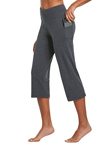 BALEAF Womens Yoga Pants, Capris High Waist Leggings with Pockets Wide Leg Exercise Workout Crop Straight Open Bottom, Charcoal, Large