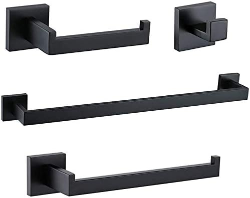 4 Pieces Matte Black Bathroom Hardware Set Square SUS304 Stainless Steel Wall Mounted - Includes 24" Towel Bar Toilet Paper Holder Hand Towel Holder and Towel Hooks