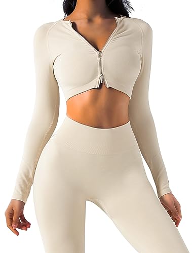 OLCHEE Women’s 2 Piece Seamless Acid Wash Workout Outfits High Waist Yoga Leggings with Long Sleeve Zipper Crop Top Gym Clothes Set - Beige Size M