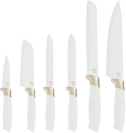 6 Piece beautiful Stainless Steel Knife Set in White Champagne Gold By Drew Barrymore