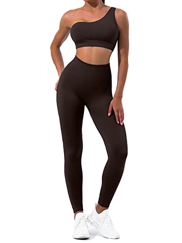Sportneer Workout Sets for Women 2 Piece, Ribbed Seamless Cute One Shoulder Sports Bra and High Waisted Leggings Matching Gym Yoga Set Outfits Work Out Set Coffee XS