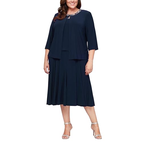 Alex Evenings Women's 2 Piece Tea Length Jacket Dress with Sequin Beaded Trim, Navy, 14