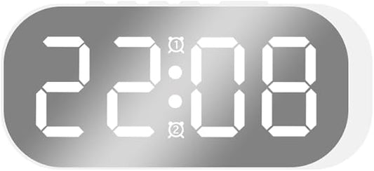 Bedroom Digital Alarm Clock, LED Mirror Display with USB Port and Battery Backup, 5 Levels of Brightness Adjustment, Time Temperature Date Real Time Display, 12/24 Hours, Easy to Use (White)