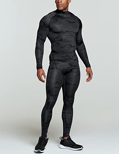 TSLA Men's UPF 50+ Long Sleeve Compression Shirts, 3-Pack Athletic Workout Rash Guard, Camo Black/Yellow/Brick, Large