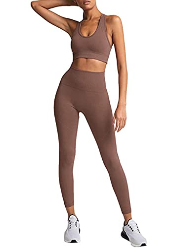 HAODIAN Women's Yoga Outfits 2 Piece High Waisted Leggings with Sports Bra Gym Clothes Sets(Brick Red,S)
